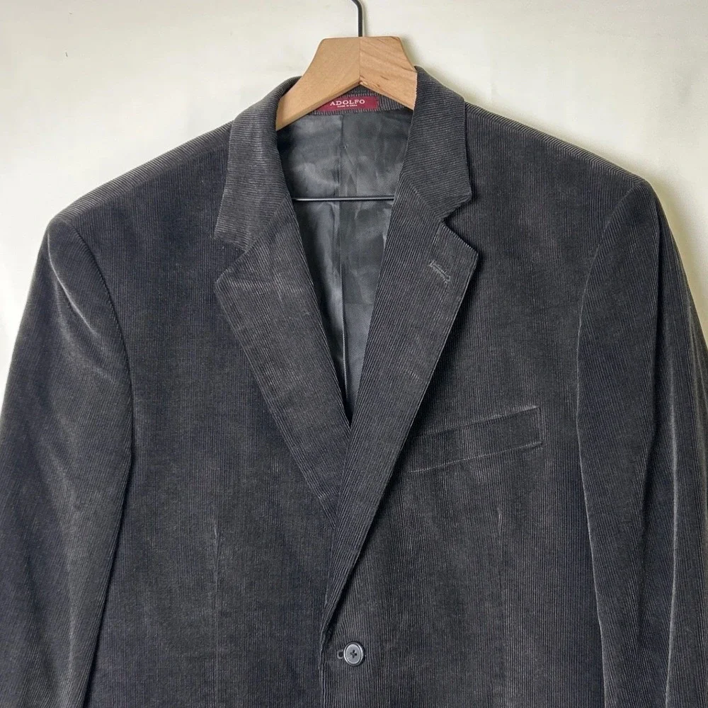 Adolfo Mens Corduroy 2-Button Sport Coat Blazer Size 42R Black Academic Preppy